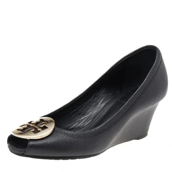 Tory Burch Sally 2 Black Leather Peep Toe Wedge Pumps Womens Size 5.5 - Picture 1 of 9